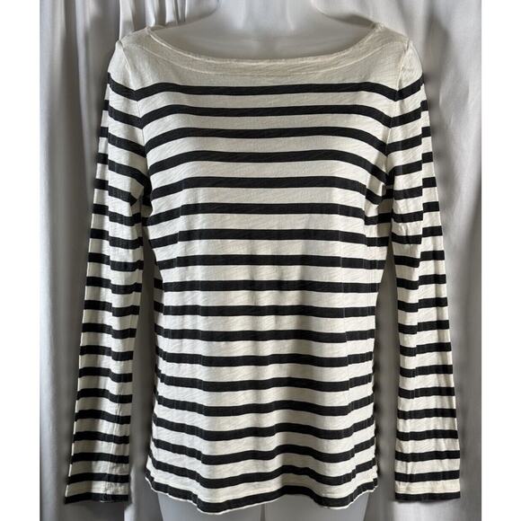 Ann Taylor LOFT Boatneck Long Sleeves Striped T-Shirt, Black/Ivory, Sz: M, 73-26 - Picture 1 of 14